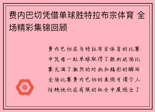 费内巴切凭借单球胜特拉布宗体育 全场精彩集锦回顾